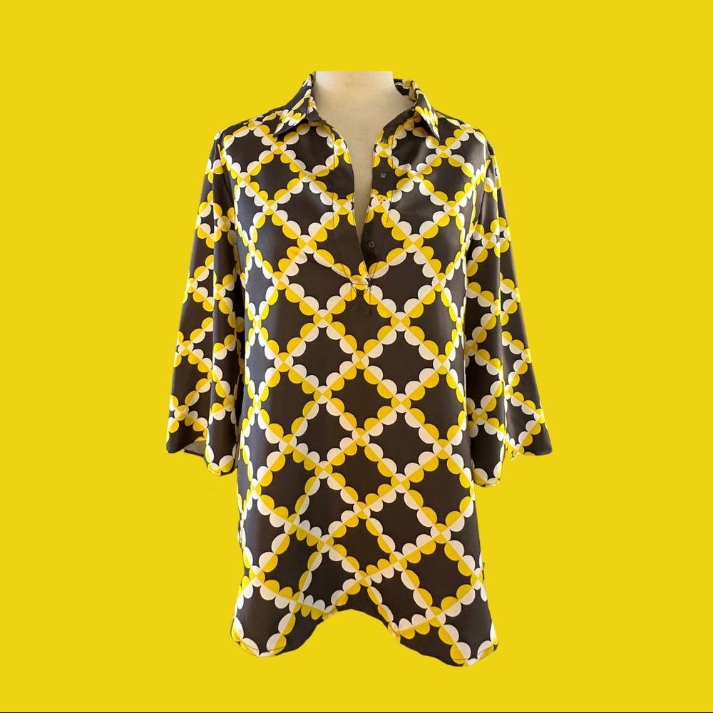 Tory Burch Daniella Tunic, Yellow circles, size 12, 100% silk, NWT, runs small